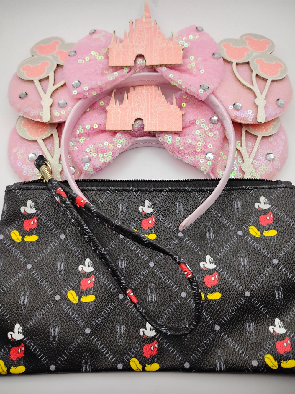 Disney Pink Sequin Castle Minnie Ear Headbands with Black Mickey Wristlet Pouch